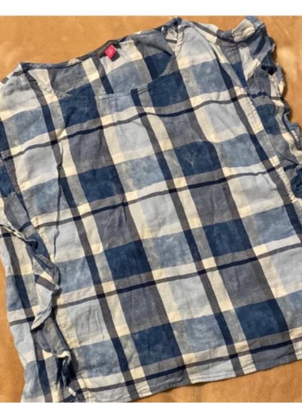 Vince Camuto Blue and White Plaid Ruffle Sleeve Blouse Sz L